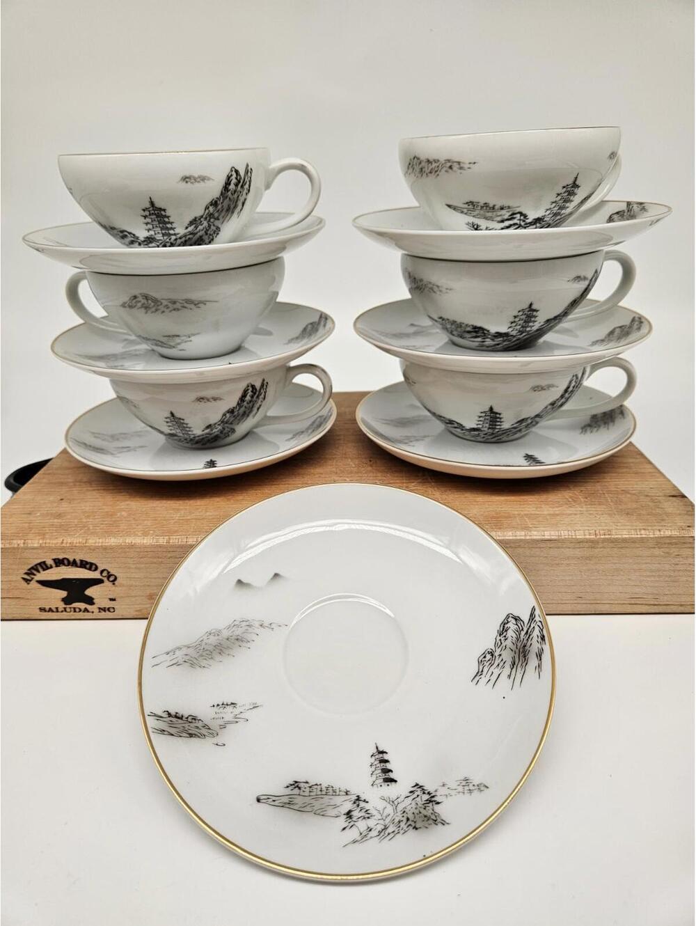 Vintage Japanese Fine China Fukagawa Arita Porcelain Tea Sets Pat. 903 Pagoda